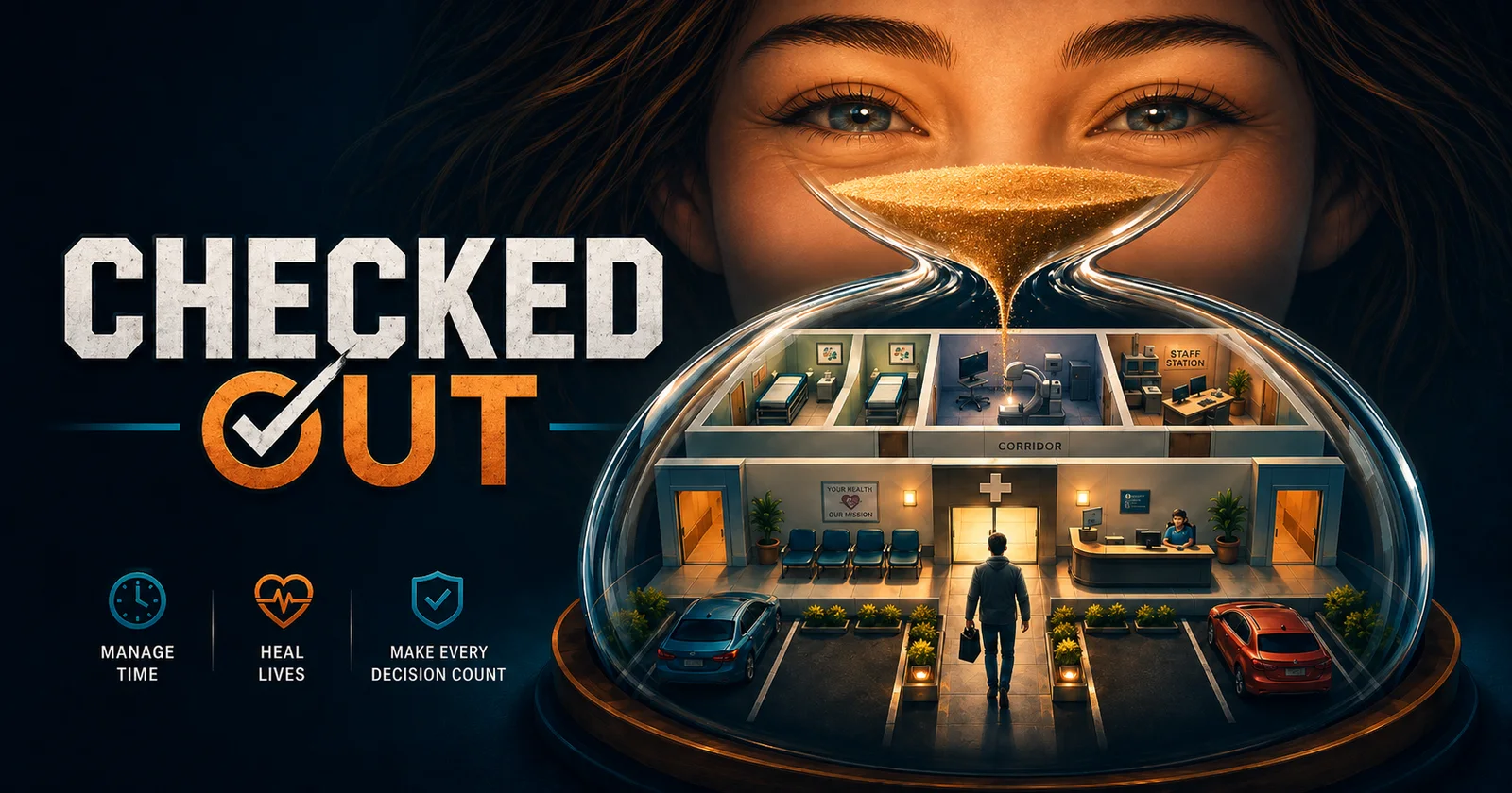 Checked Out — a clinic sealed inside an hourglass, sand falling into the procedure suite, someone walking in through the front doors.